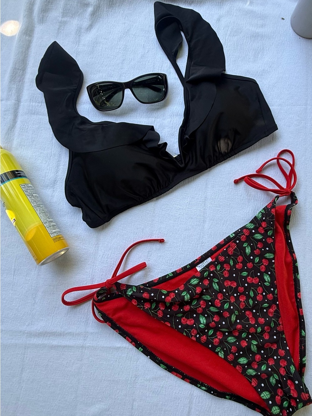 Size XL Black Ruffle Bikini Top with Cherry Print Tie-Side Bottoms